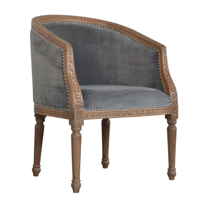 Handcrafted Grey Velvet Occasional Chair in Solid Mango Wood - product view 3 showing handcrafted solid mango wood chair