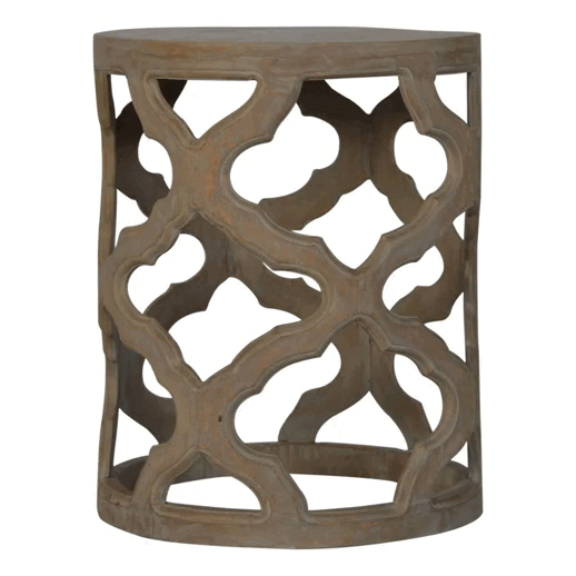 Handcrafted Grey Wash Cut-out Stool - Solid Mango Wood Accent Seating - product view 5 showing handcrafted solid mango...