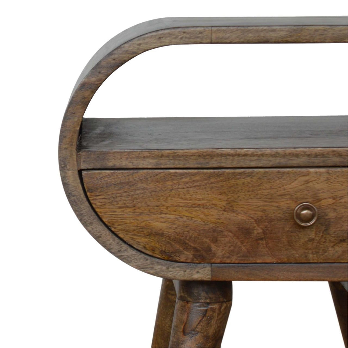 Handcrafted Grey Washed Circular Nightstand - Solid Mango Wood Bedside Table for Bedroom - product view 4 showing...