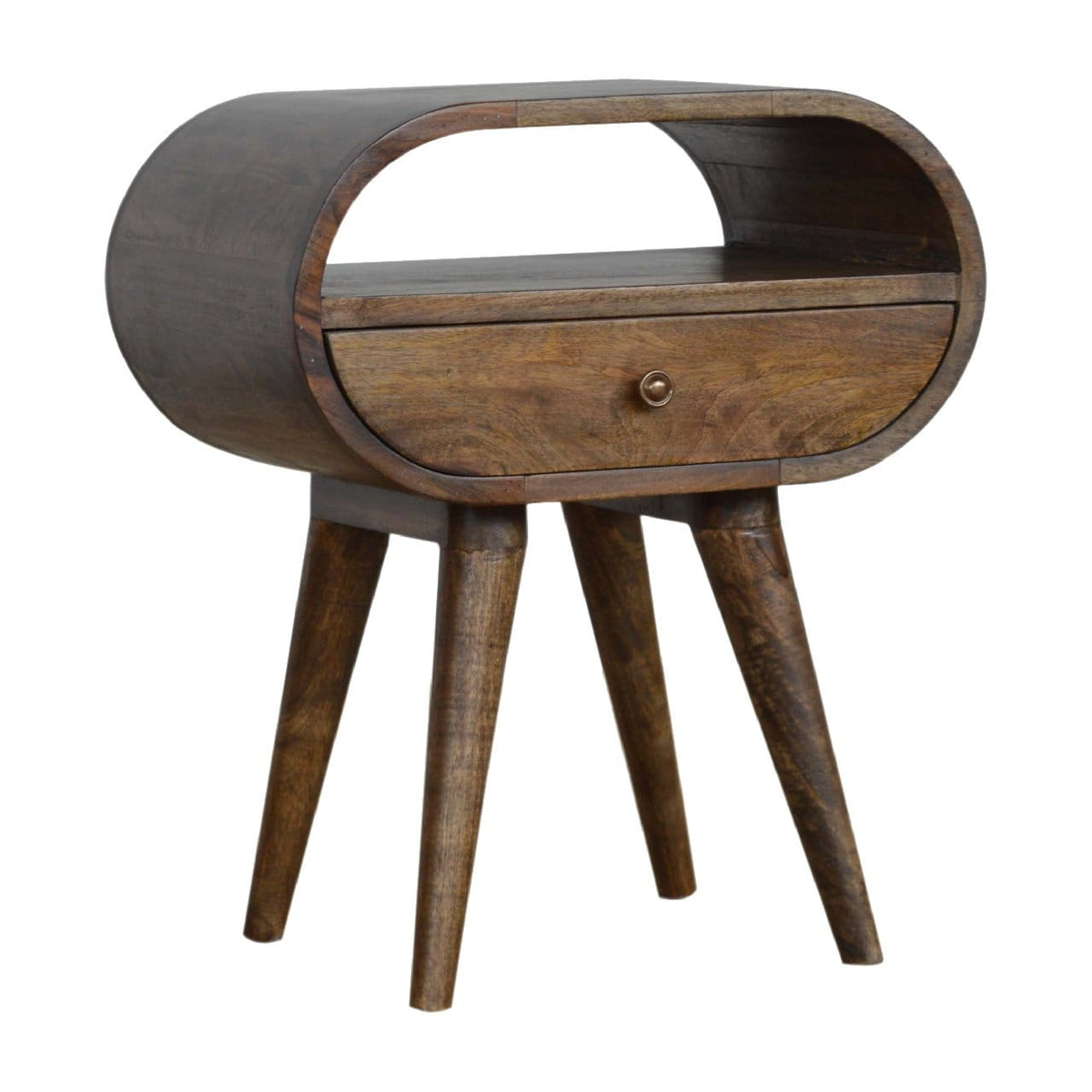 Handcrafted Grey Washed Circular Nightstand - Solid Mango Wood Bedside Table for Bedroom - product view 3 showing...