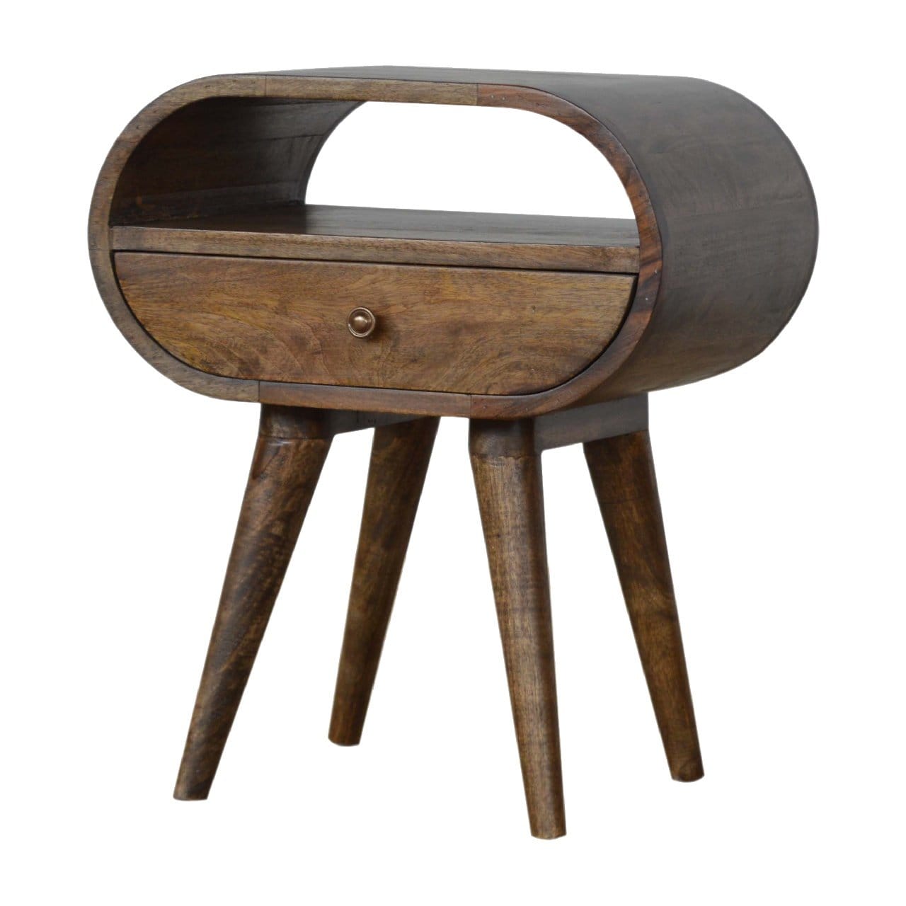 Handcrafted Grey Washed Circular Nightstand - Solid Mango Wood Bedside Table for Bedroom - product view 2 showing...