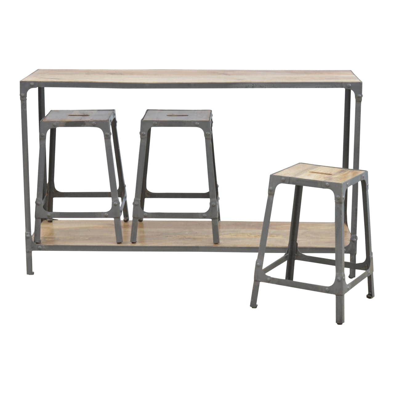 Handcrafted Hallway Console with 3 Stools in Solid Mango Wood - product view 4 showing handcrafted solid mango wood stool
