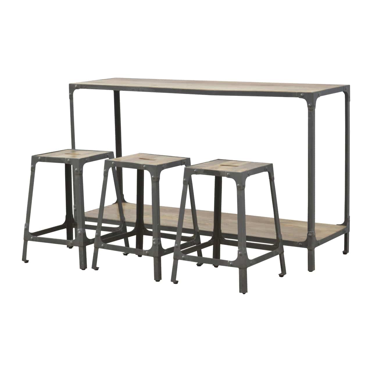Handcrafted Hallway Console with 3 Stools in Solid Mango Wood - product view 3 showing handcrafted solid mango wood stool