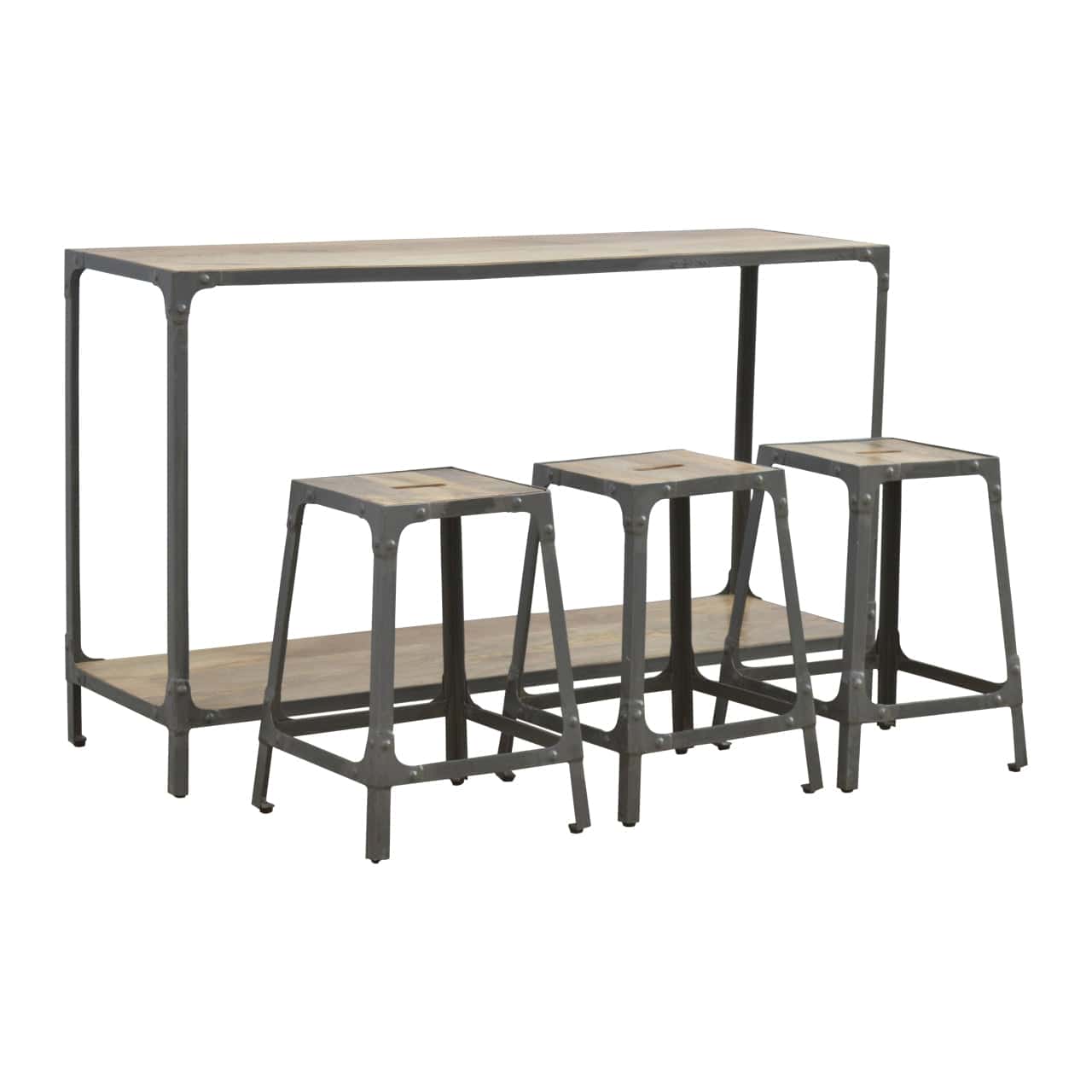 Handcrafted Hallway Console with 3 Stools in Solid Mango Wood - product view 2 showing handcrafted solid mango wood stool