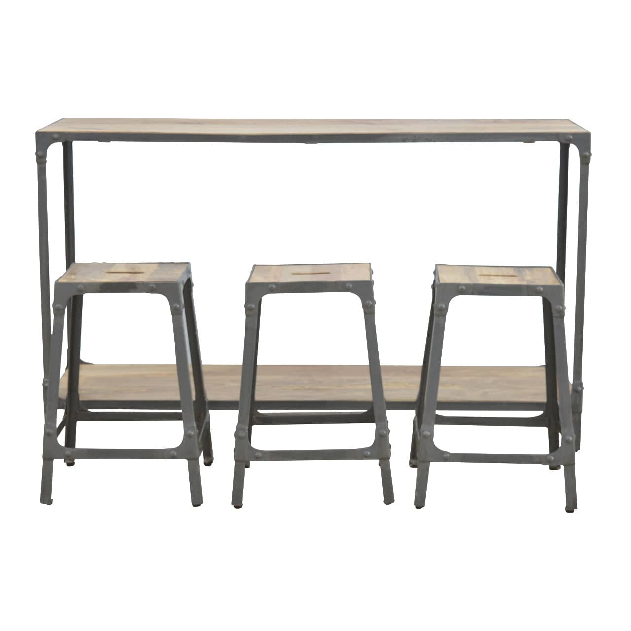 Handcrafted Hallway Console with 3 Stools in Solid Mango Wood - main view showing handcrafted solid mango wood stool
