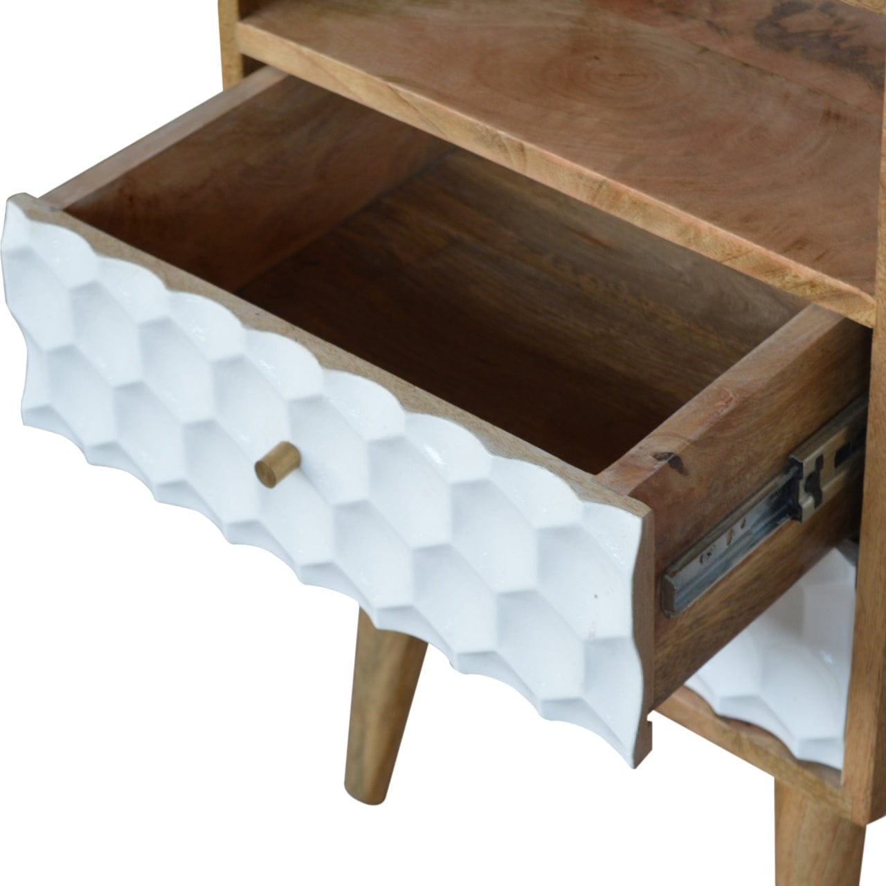 Handcrafted Honeycomb Open Slot Nightstand - Solid Mango Wood Bedside Table for Bedroom - product view 3 showing...