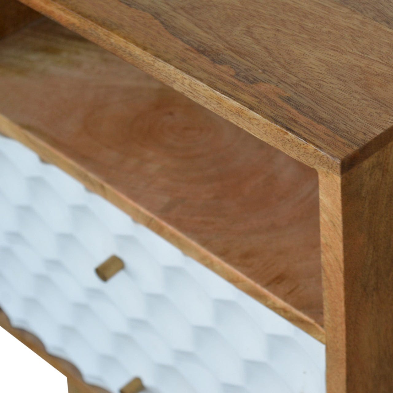 Handcrafted Honeycomb Open Slot Nightstand - Solid Mango Wood Bedside Table for Bedroom - product view 2 showing...
