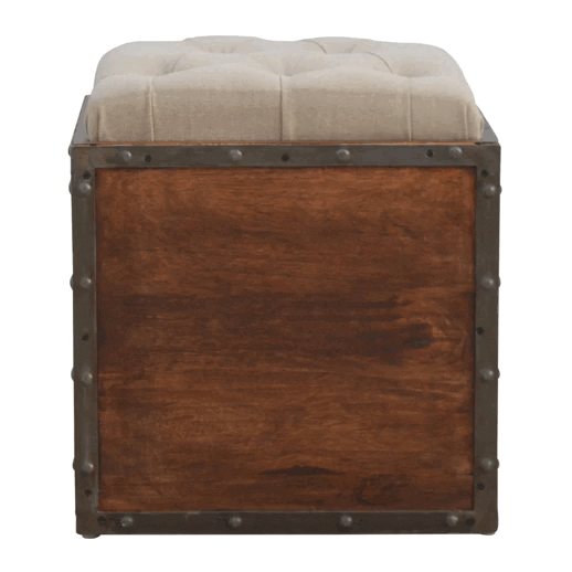 Handcrafted Iron Padded Storage Footstool - Solid Mango Wood Accent Stool for Living Room - product view 8 showing...