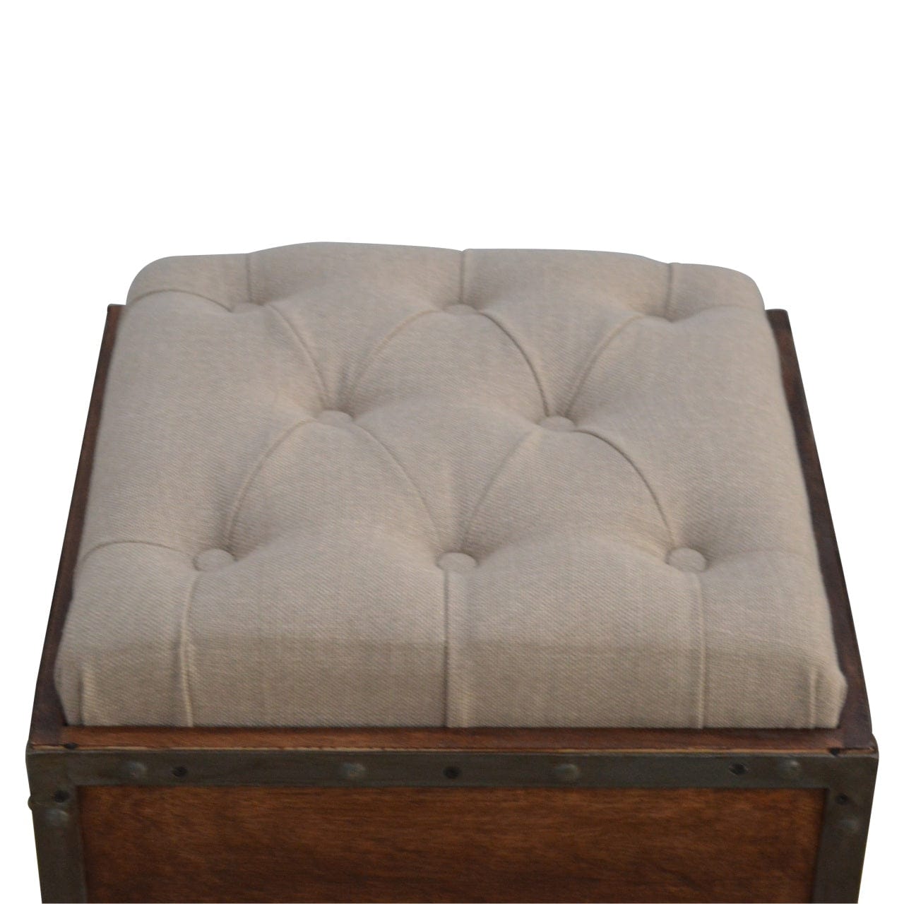 Handcrafted Iron Padded Storage Footstool - Solid Mango Wood Accent Stool for Living Room - product view 6 showing...