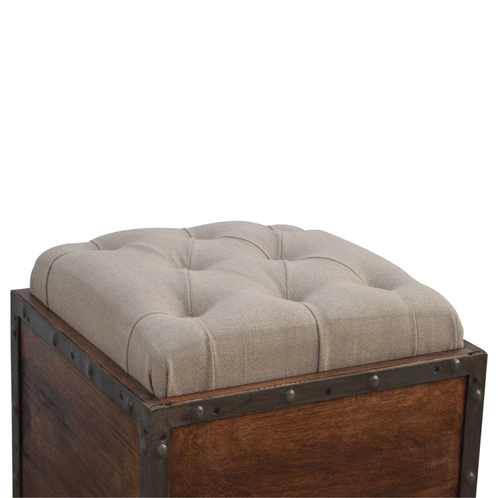 Handcrafted Iron Padded Storage Footstool - Solid Mango Wood Accent Stool for Living Room - product view 3 showing...