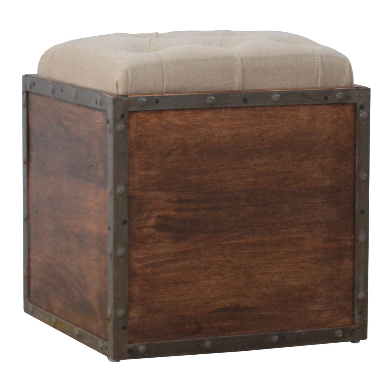 Handcrafted Iron Padded Storage Footstool - Solid Mango Wood Accent Stool for Living Room - product view 2 showing...