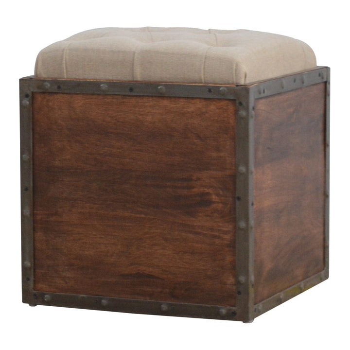 Handcrafted Iron Padded Storage Footstool - Solid Mango Wood Accent Stool for Living Room - main view showing handcrafted...