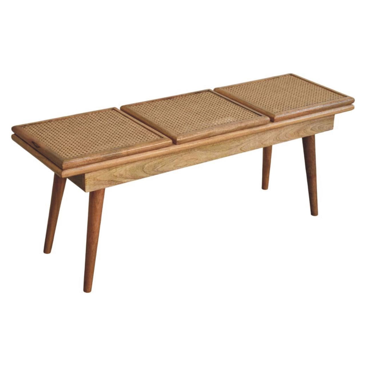 Handcrafted Larissa Triple Accent Oak-ish Cane Bench - Solid Mango Wood Seating Furniture for Entryway - product view 7...