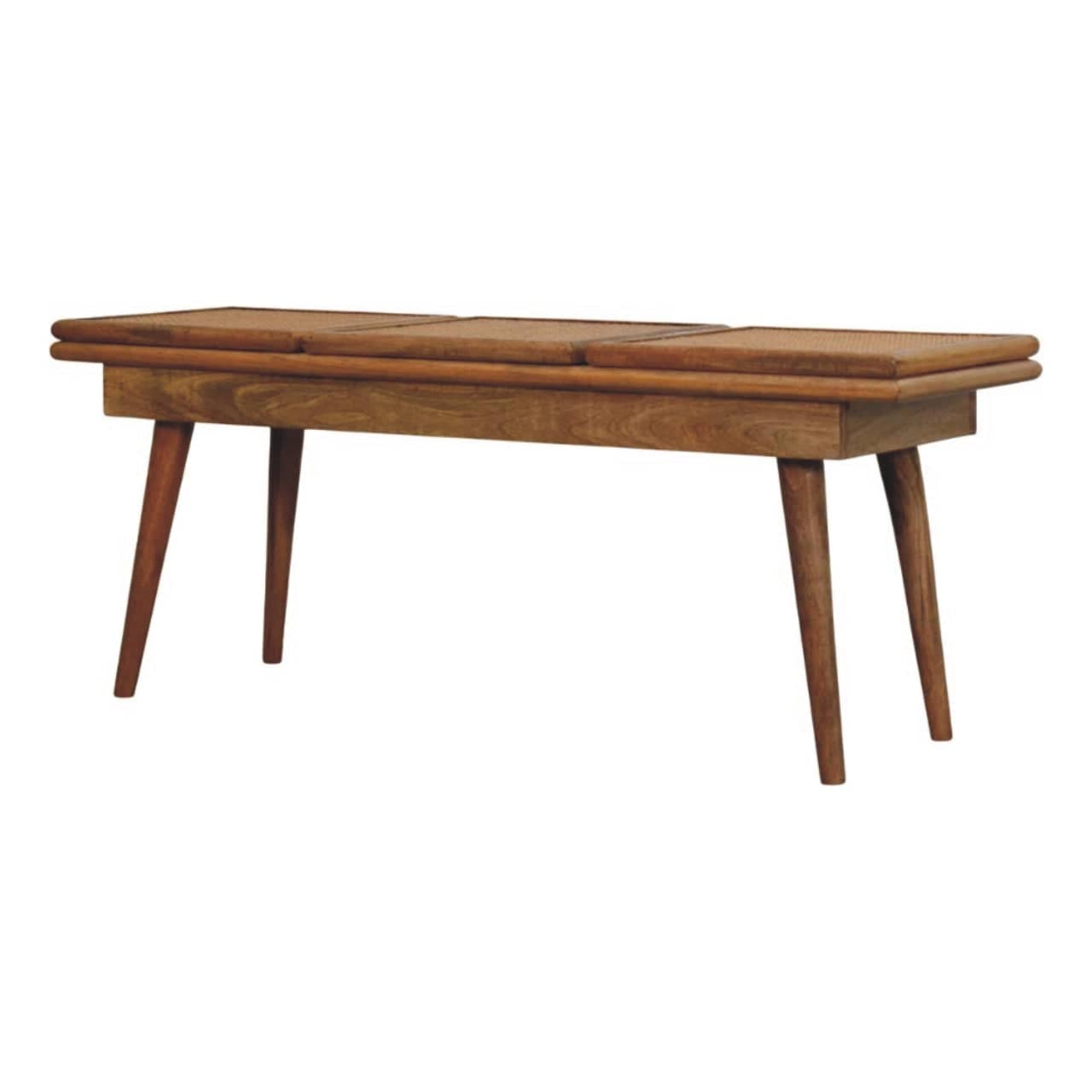 Handcrafted Larissa Triple Accent Oak-ish Cane Bench - Solid Mango Wood Seating Furniture for Entryway - product view 3...