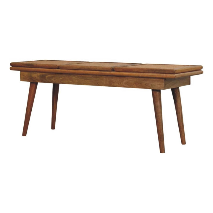 Handcrafted Larissa Triple Accent Oak-ish Cane Bench - Solid Mango Wood Seating Furniture for Entryway - product view 3...
