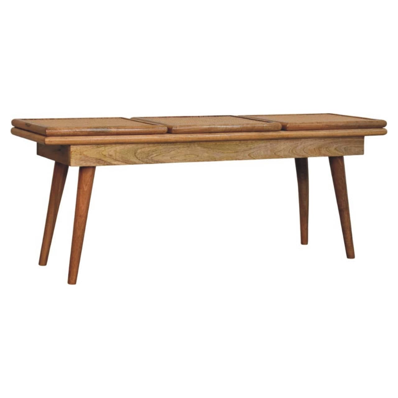 Handcrafted Larissa Triple Accent Oak-ish Cane Bench - Solid Mango Wood Seating Furniture for Entryway - product view 2...