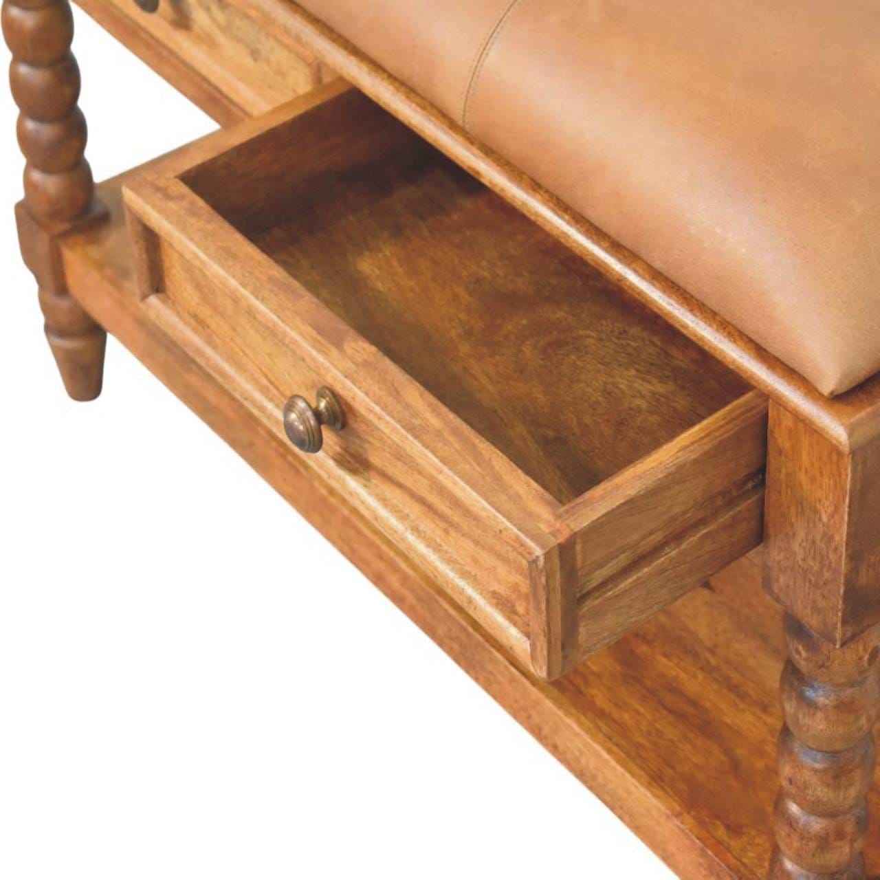 Handcrafted Leather Spindle Bench - Solid Mango Wood Seating Furniture for Entryway - product view 7 showing handcrafted...