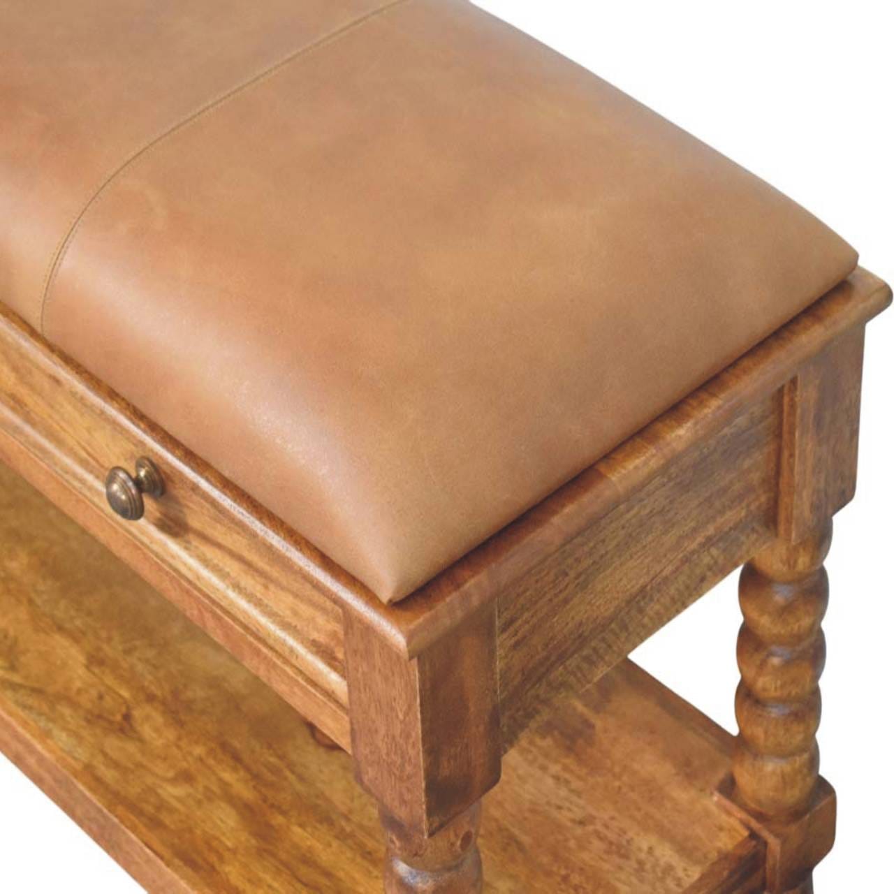 Handcrafted Leather Spindle Bench - Solid Mango Wood Seating Furniture for Entryway - product view 6 showing handcrafted...