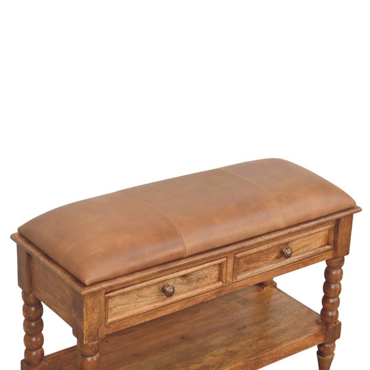 Handcrafted Leather Spindle Bench - Solid Mango Wood Seating Furniture for Entryway - product view 5 showing handcrafted...