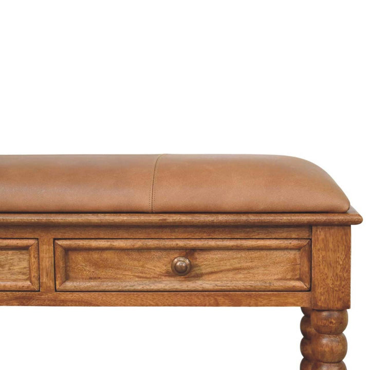Handcrafted Leather Spindle Bench - Solid Mango Wood Seating Furniture for Entryway - product view 4 showing handcrafted...