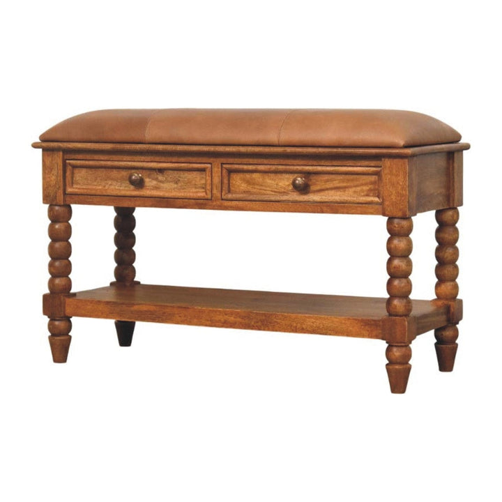 Handcrafted Leather Spindle Bench - Solid Mango Wood Seating Furniture for Entryway - product view 3 showing handcrafted...