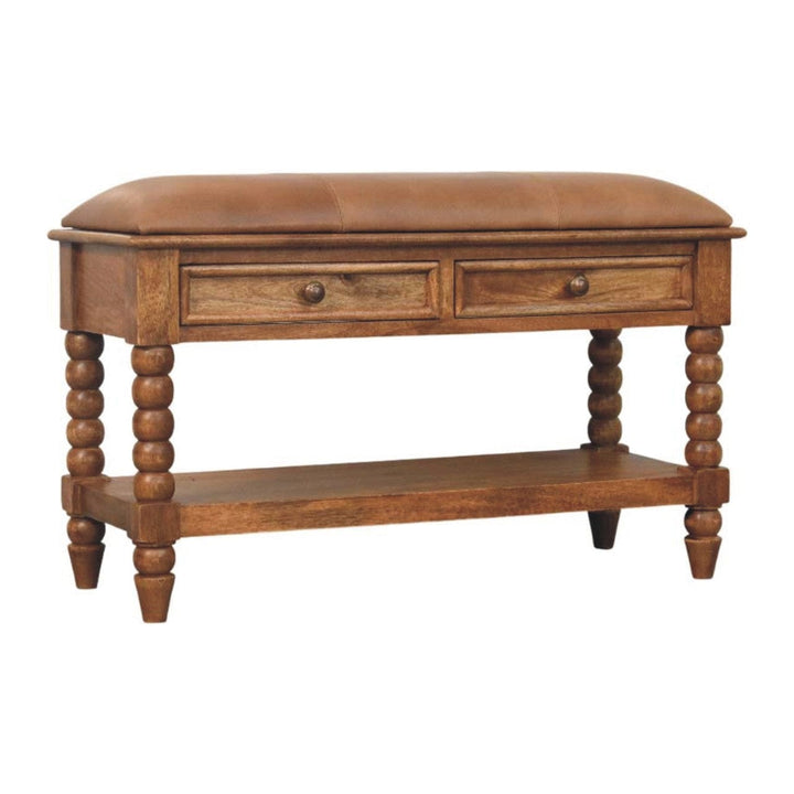 Handcrafted Leather Spindle Bench - Solid Mango Wood Seating Furniture for Entryway - product view 2 showing handcrafted...