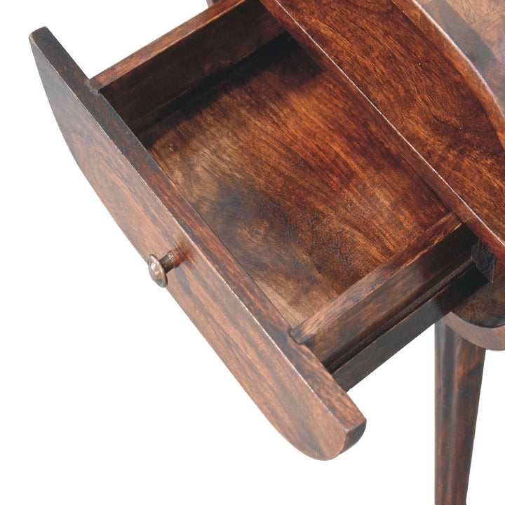 Handcrafted Light Walnut Circular Nightstand - Solid Mango Wood Bedside Table for Bedroom - product view 6 showing...