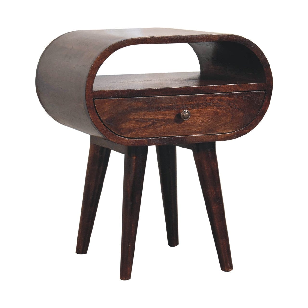 Handcrafted Light Walnut Circular Nightstand - Solid Mango Wood Bedside Table for Bedroom - product view 3 showing...