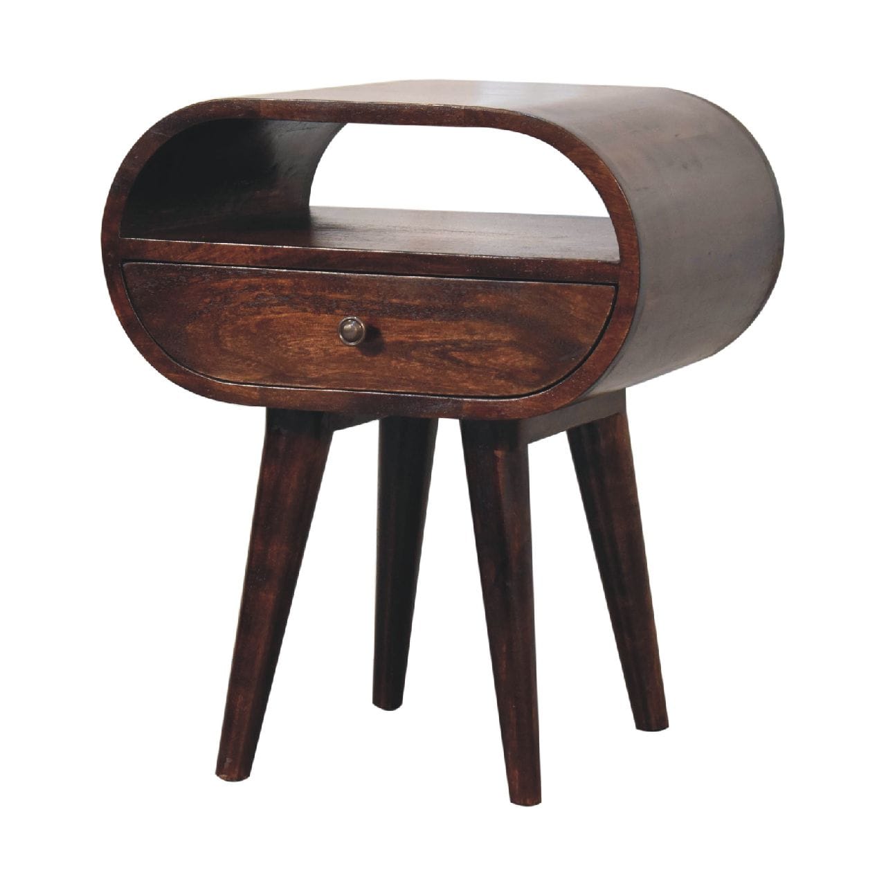 Handcrafted Light Walnut Circular Nightstand - Solid Mango Wood Bedside Table for Bedroom - product view 2 showing...