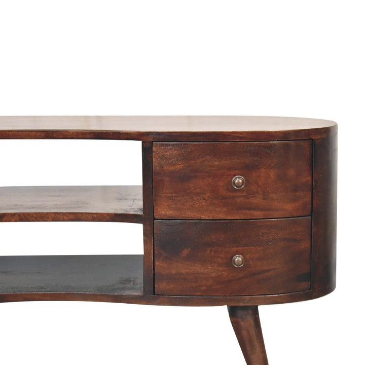 Handcrafted Light Walnut Wave TV Stand - Solid Mango Wood Entertainment Center for Living Room - product view 5 showing...