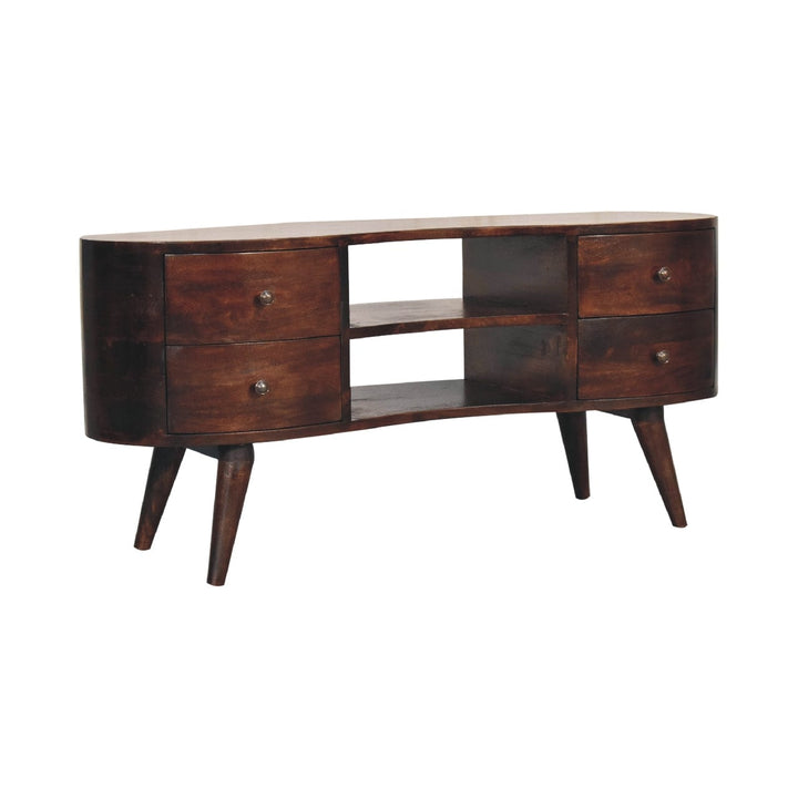 Handcrafted Light Walnut Wave TV Stand - Solid Mango Wood Entertainment Center for Living Room - product view 4 showing...