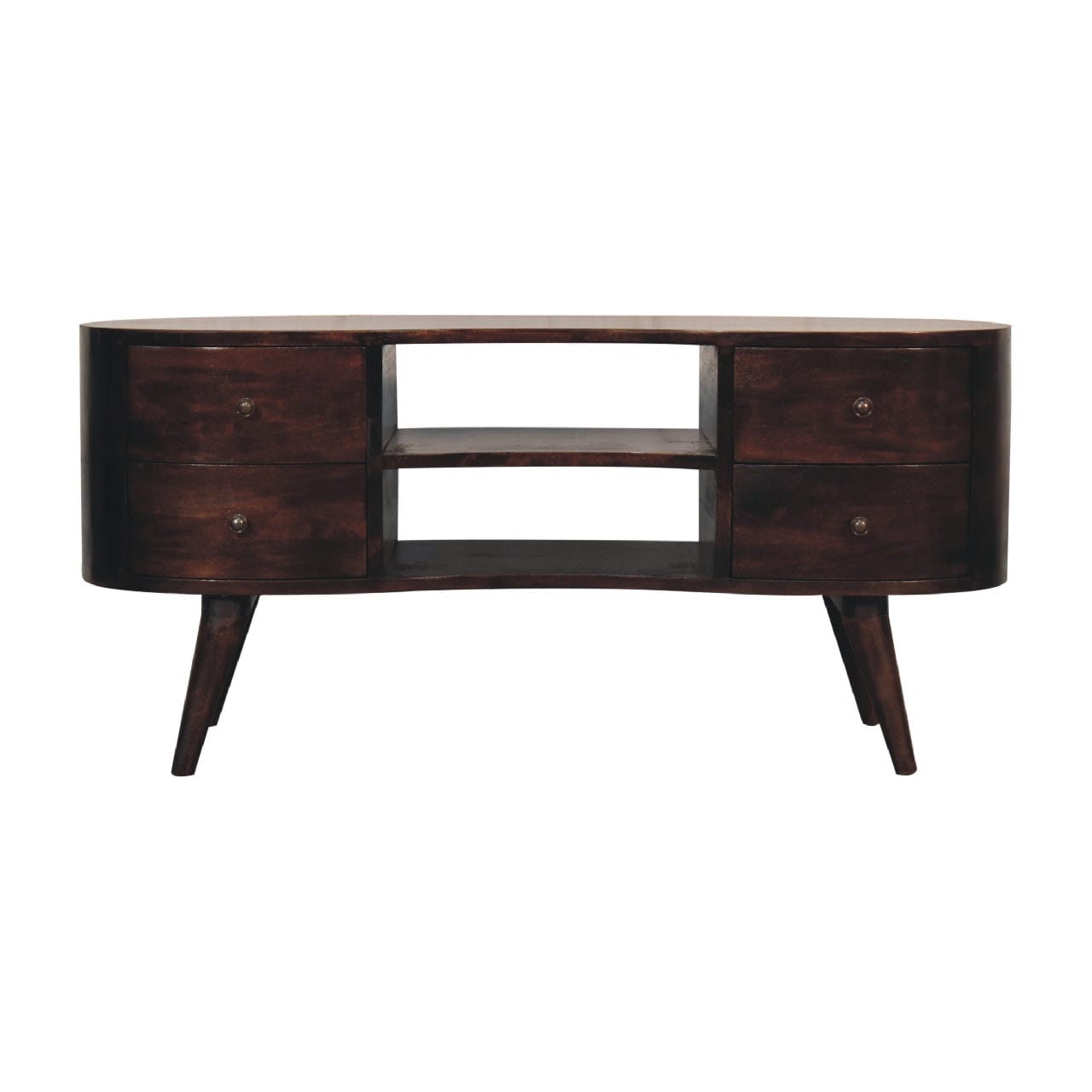 Handcrafted Light Walnut Wave TV Stand - Solid Mango Wood Entertainment Center for Living Room - product view 2 showing...