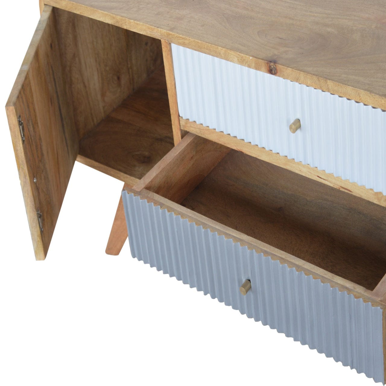 Handcrafted Line Grey Painted TV Stand - Solid Mango Wood Entertainment Center for Living Room - product view 5 showing...