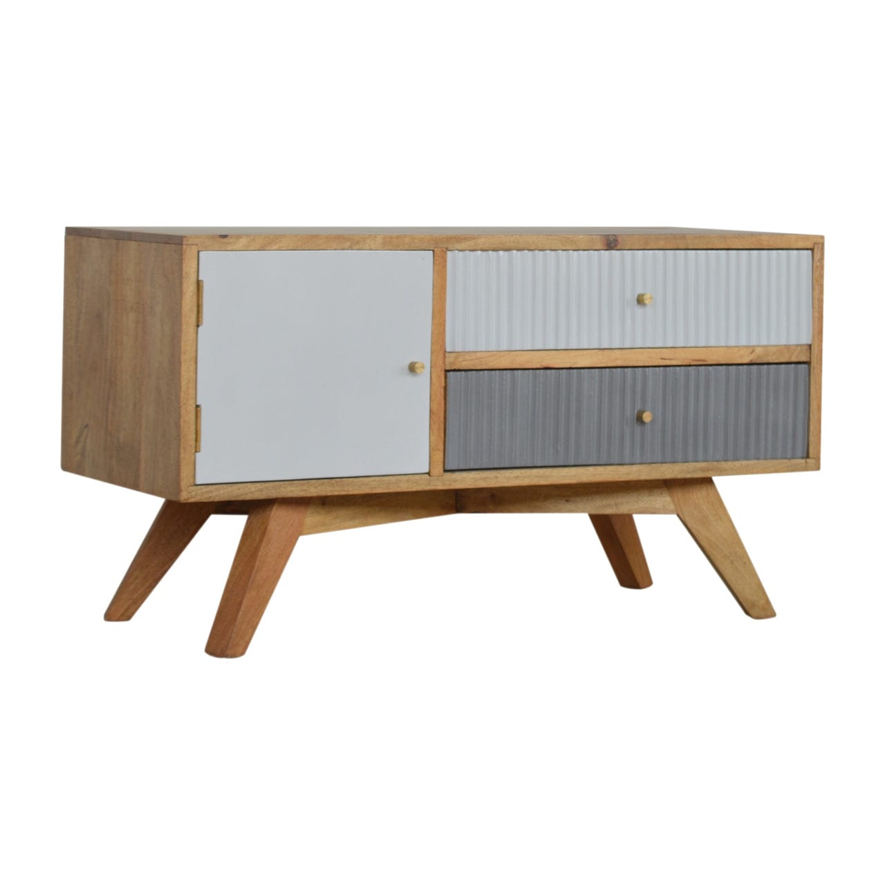 Handcrafted Line Grey Painted TV Stand - Solid Mango Wood Entertainment Center for Living Room - product view 2 showing...