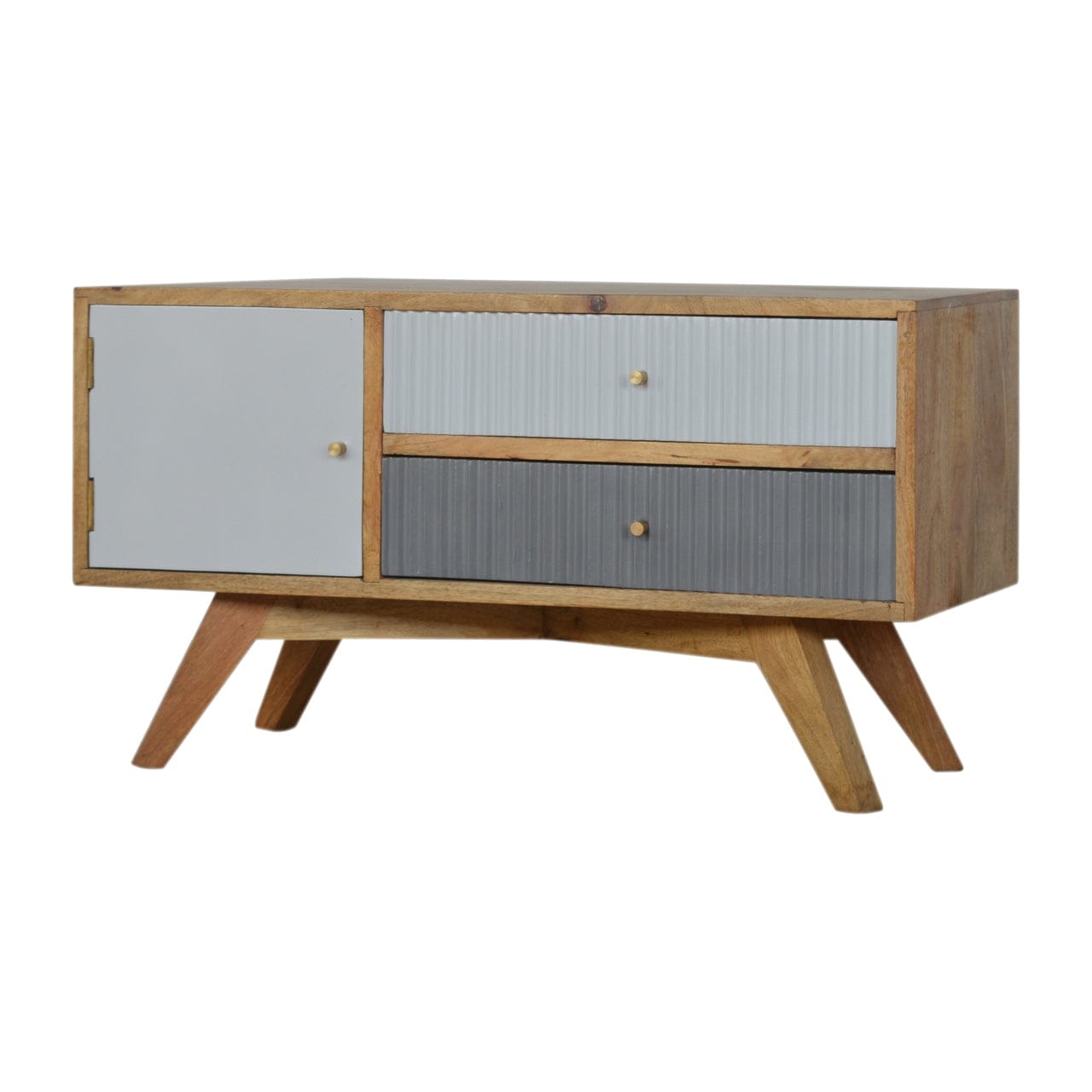 Handcrafted Line Grey Painted TV Stand - Solid Mango Wood Entertainment Center for Living Room - main view showing...