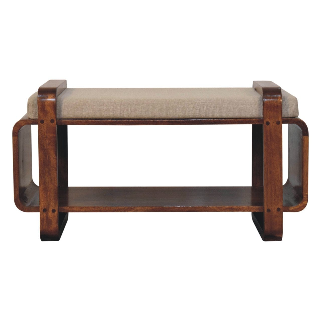 Handcrafted mango wood bench with plush cushion and solid wood frame, perfect for entryway seating.