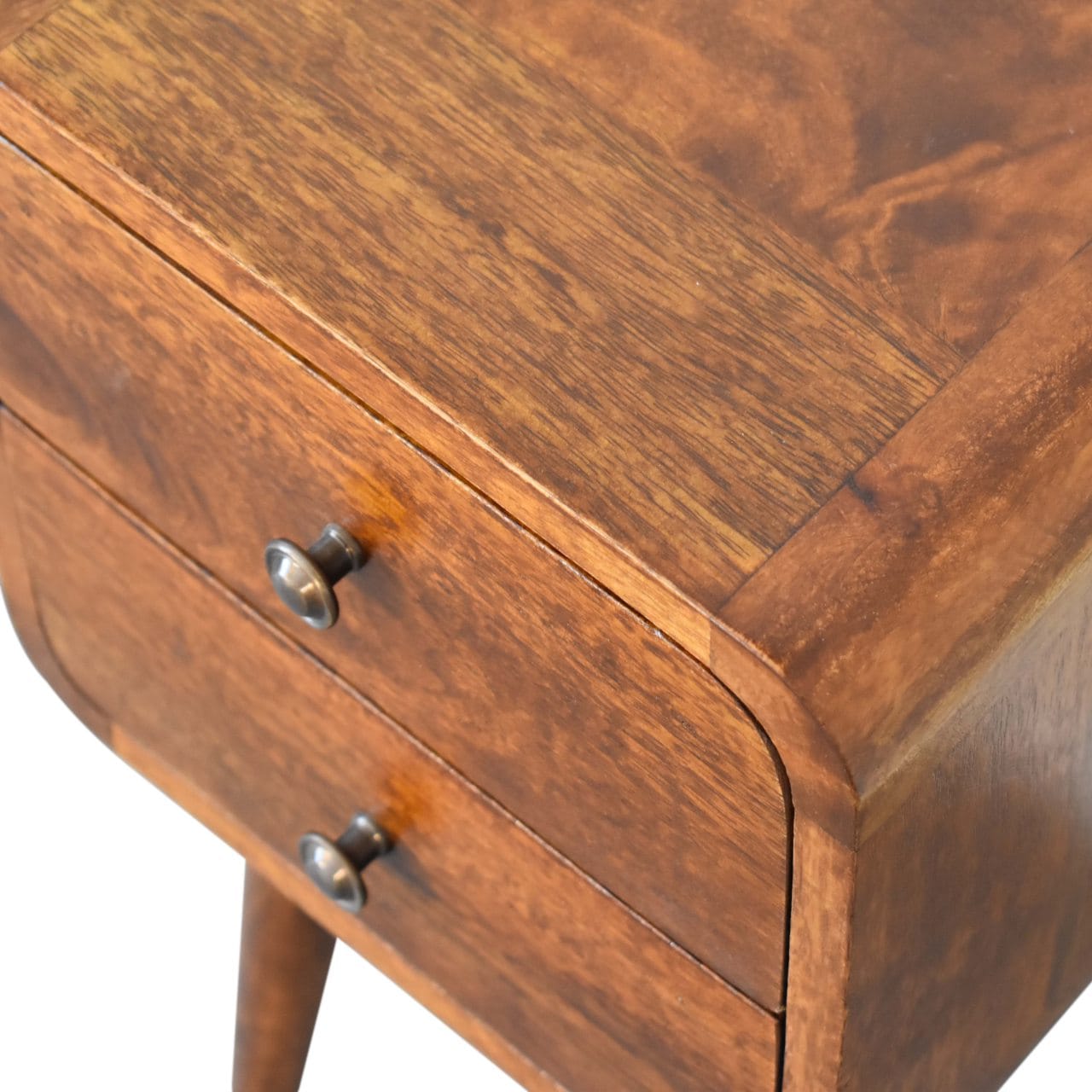 Handcrafted Mini Chestnut Curved Nightstand - Solid Mango Wood Bedside Table for Bedroom - product view 6 showing...