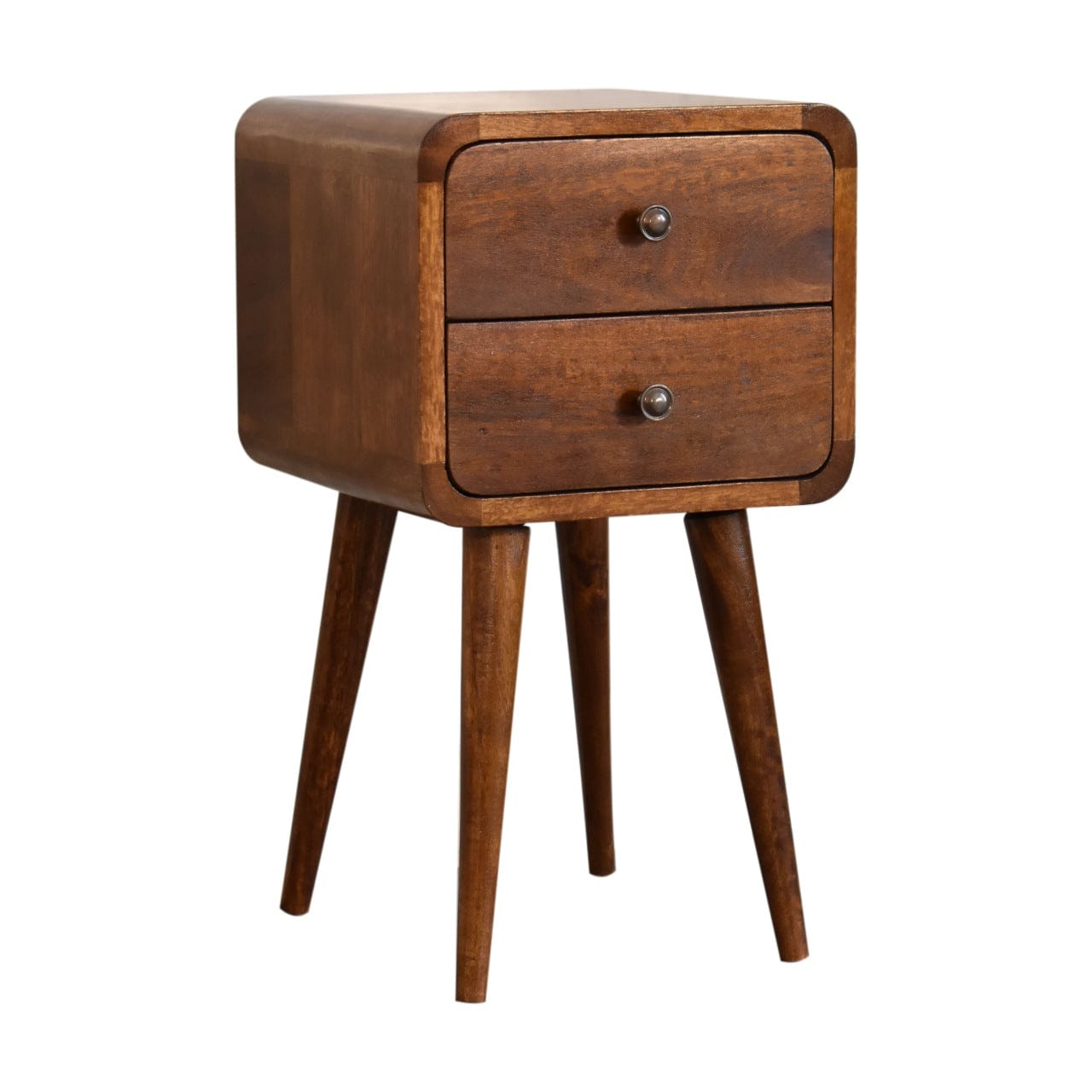 Handcrafted Mini Chestnut Curved Nightstand - Solid Mango Wood Bedside Table for Bedroom - product view 4 showing...