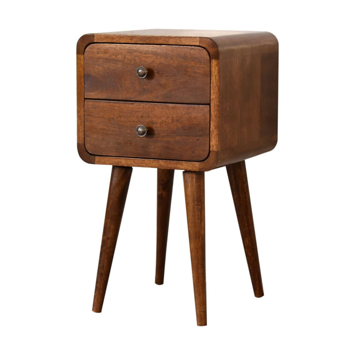 Handcrafted Mini Chestnut Curved Nightstand - Solid Mango Wood Bedside Table for Bedroom - product view 3 showing...