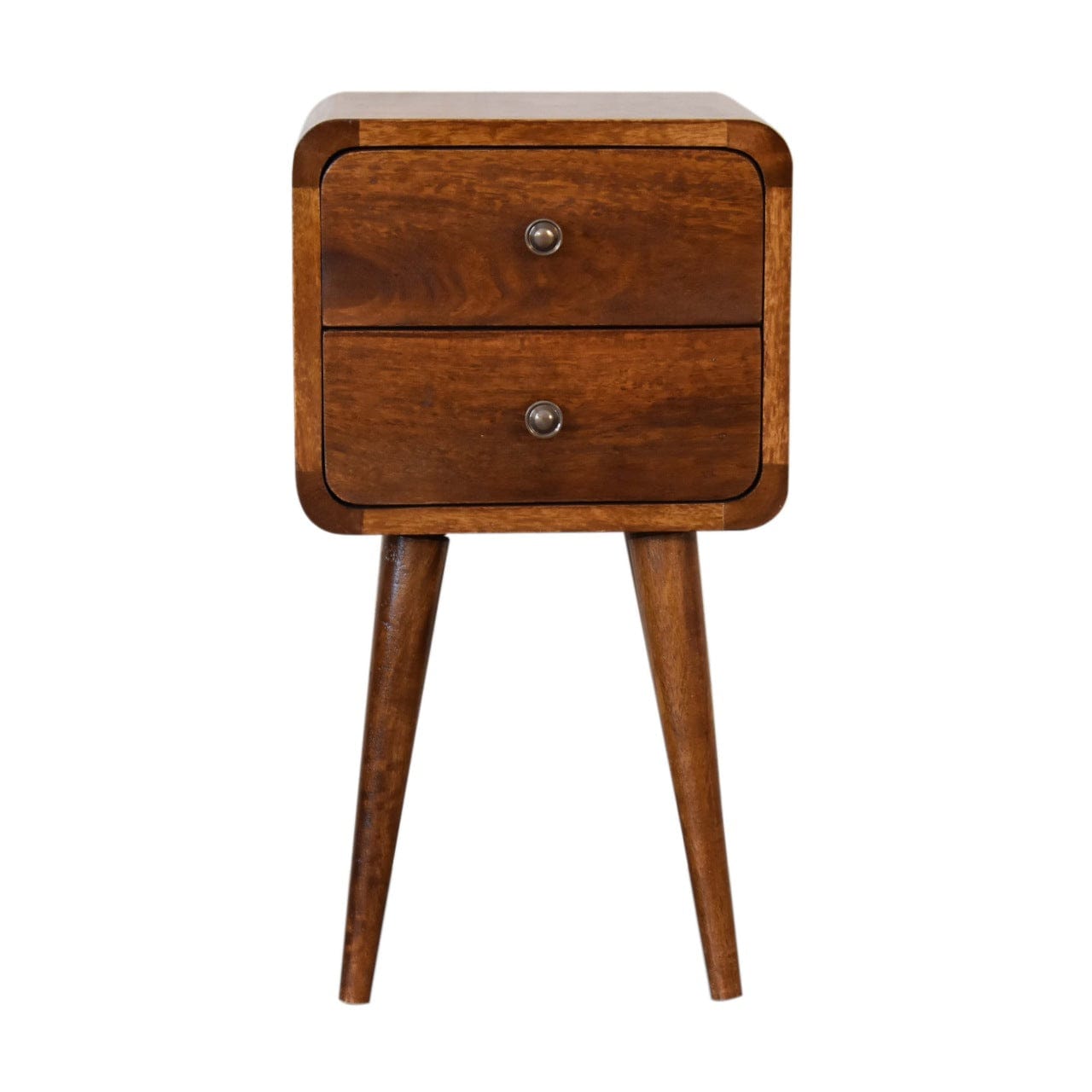 Handcrafted Mini Chestnut Curved Nightstand - Solid Mango Wood Bedside Table for Bedroom - product view 2 showing...