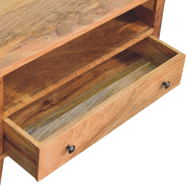 Handcrafted Mini Rounded TV Stand - Solid Mango Wood Entertainment Center for Living Room - product view 7 showing...