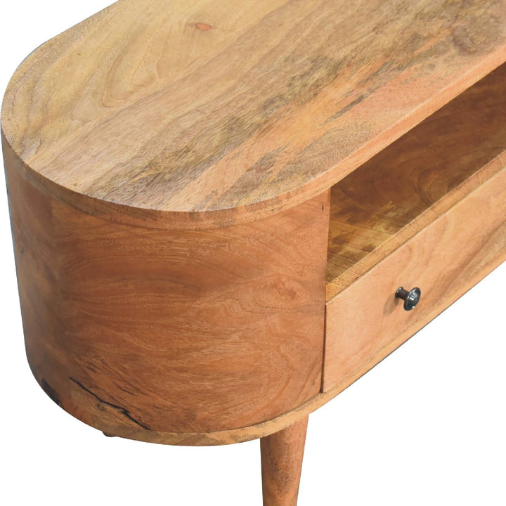 Handcrafted Mini Rounded TV Stand - Solid Mango Wood Entertainment Center for Living Room - product view 6 showing...