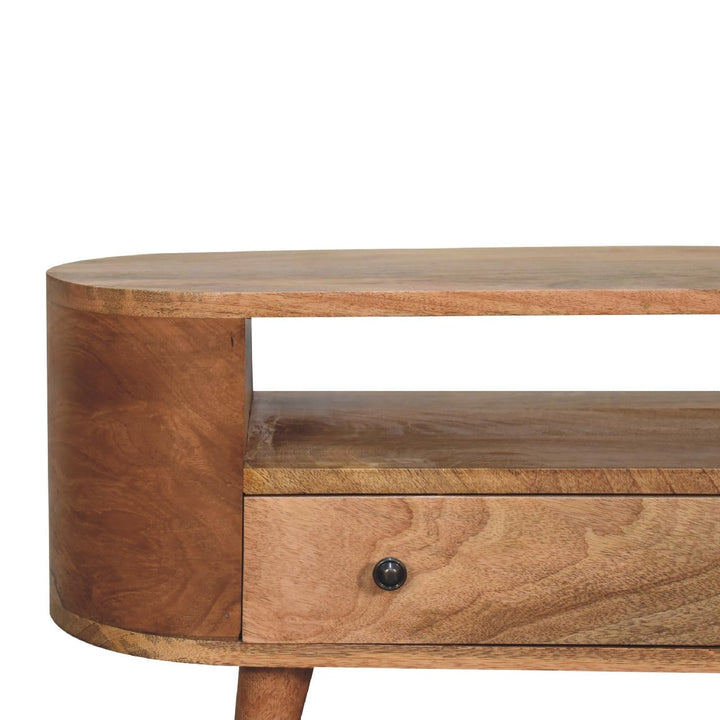 Handcrafted Mini Rounded TV Stand - Solid Mango Wood Entertainment Center for Living Room - product view 5 showing...