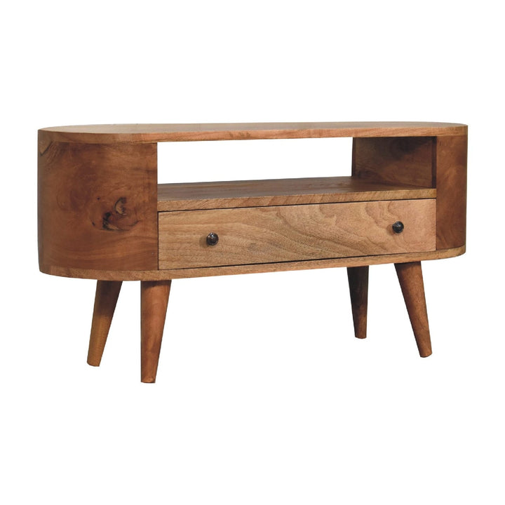 Handcrafted Mini Rounded TV Stand - Solid Mango Wood Entertainment Center for Living Room - product view 4 showing...