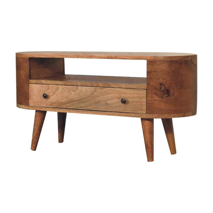 Handcrafted Mini Rounded TV Stand - Solid Mango Wood Entertainment Center for Living Room - product view 3 showing...
