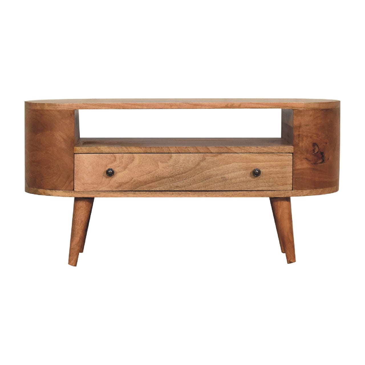 Handcrafted Mini Rounded TV Stand - Solid Mango Wood Entertainment Center for Living Room - product view 2 showing...