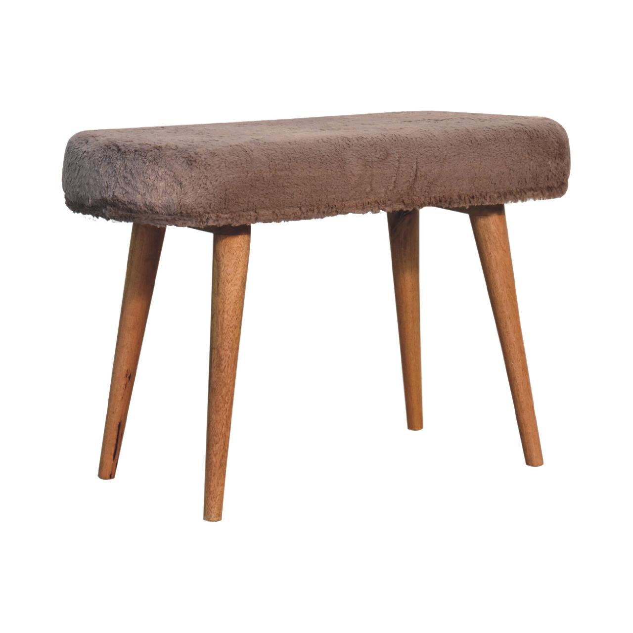 Handcrafted Mocha Faux Fur Fabric Bench - Solid Mango Wood Seating Furniture for Entryway - product view 2 showing...