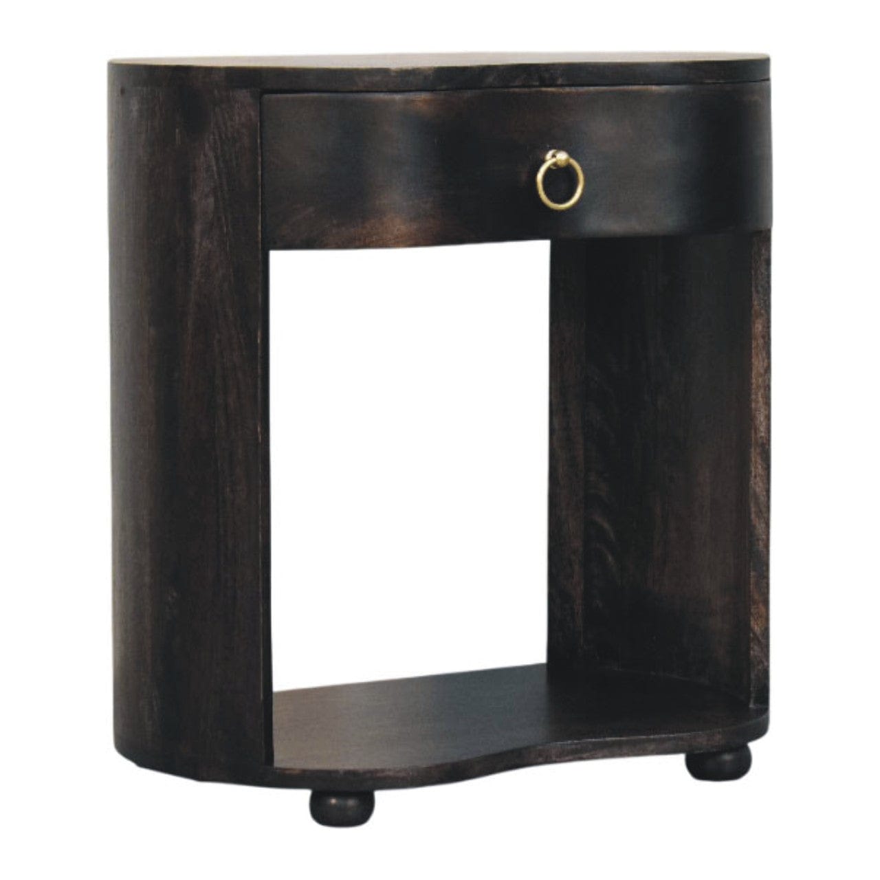 Handcrafted mango wood nightstand featuring a dark finish, spacious drawer, and modern design for bedroom elegance.