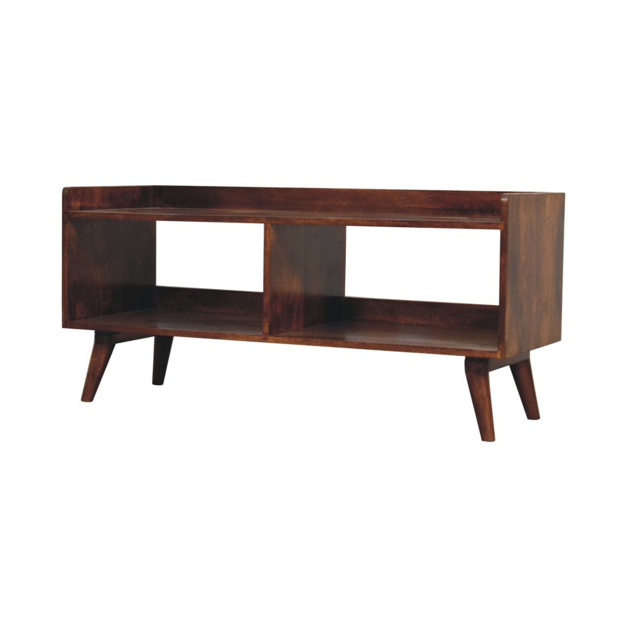 Handcrafted Open-top Chestnut TV Stand - Solid Mango Wood Entertainment Center for Living Room - product view 4 showing...