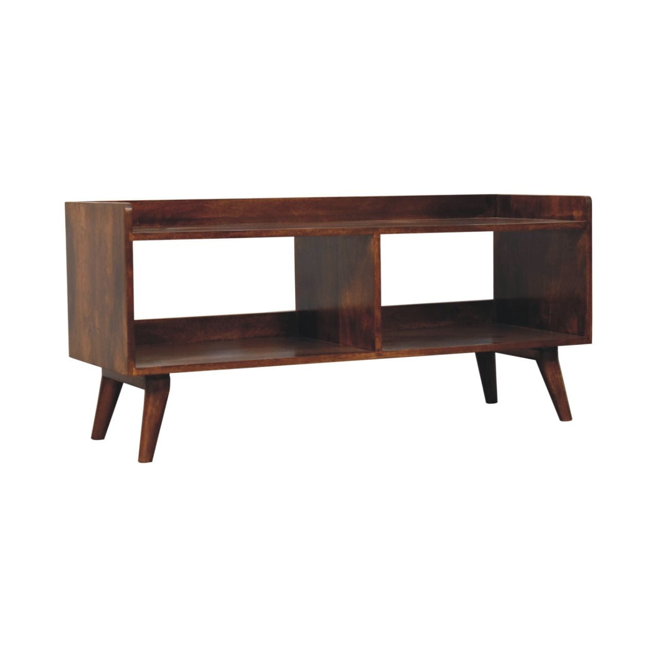 Handcrafted Open-top Chestnut TV Stand - Solid Mango Wood Entertainment Center for Living Room - product view 3 showing...